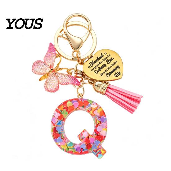 Keychain Pendant Pendant, Sequins Initial Letter Charm Key Chain with Butterfly Tassel Stainless Durable Steel Heart Design, A-Z Holder for Bag
