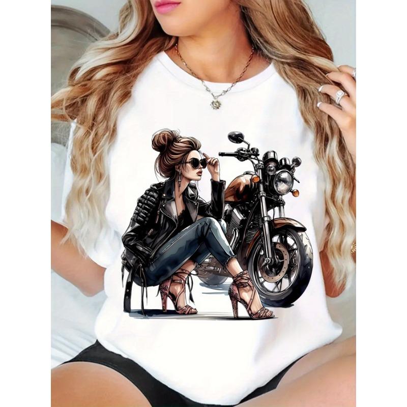 

Woman Motorcycle Print Perfect Summer Outfits Retro Motorcycle Graphic T-Shirt for Women Elegant Curvy Design Pink with Stylish 5XL