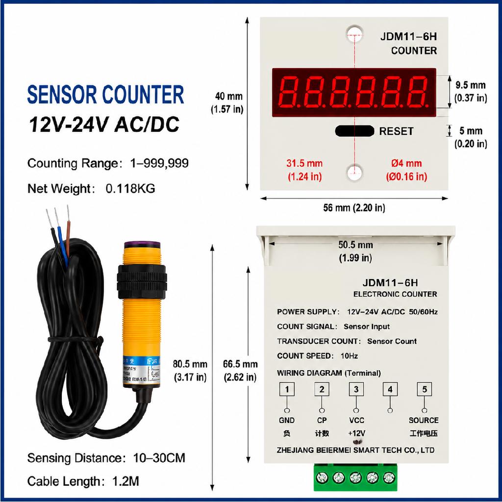 JDM11-6H 6 Digit Digital Counter LED Display Electronic Totalizer Industrial Panel Mount Counter Power Failure Memory 12-380V 1