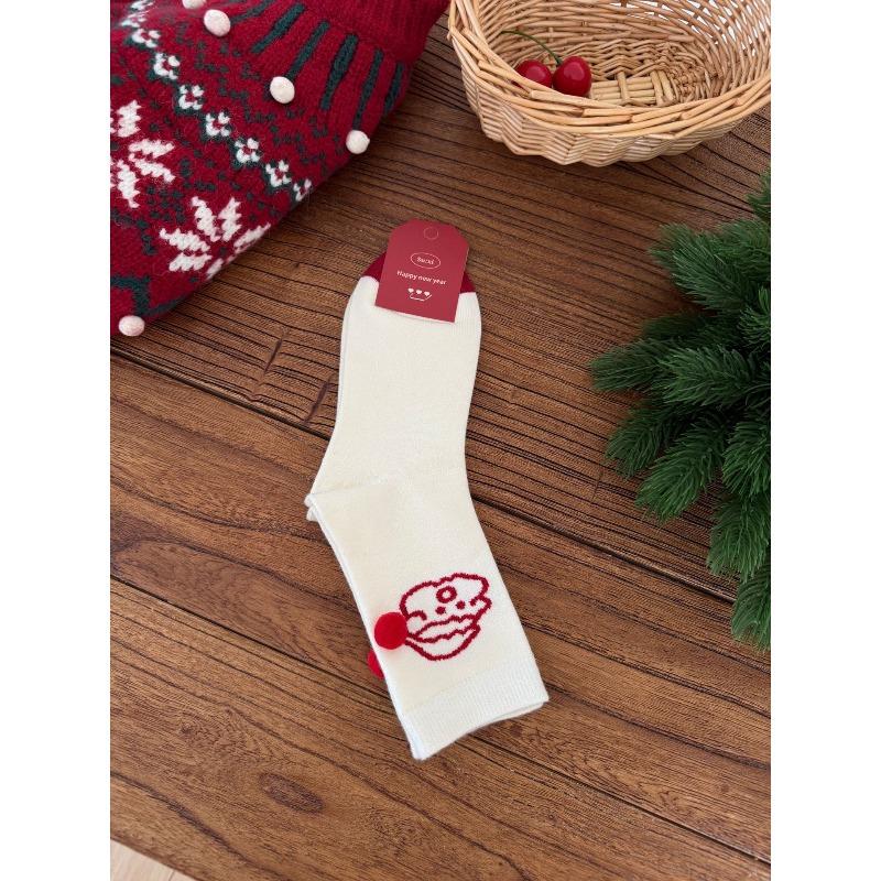 New Year's Festive Red Socks for Women, Autumn and Winter, with Twisted Fleece Balls, Snowflakes, Warm and Comfortable Rabbit Fleece Pile Socks