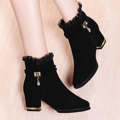 2025 Women's Black Ankle Boots: Chunky Heel, Versatile Martin Style, Thickened Cotton for Autumn/Winter