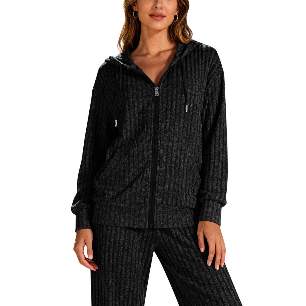 Trainingsanzüge Damen 2-teilig Kapuzenpullover mit Reißverschluss und Taschen & Hose mit elastischem Bund, Weiches, dehnbares Herbst-Winter-Outfit