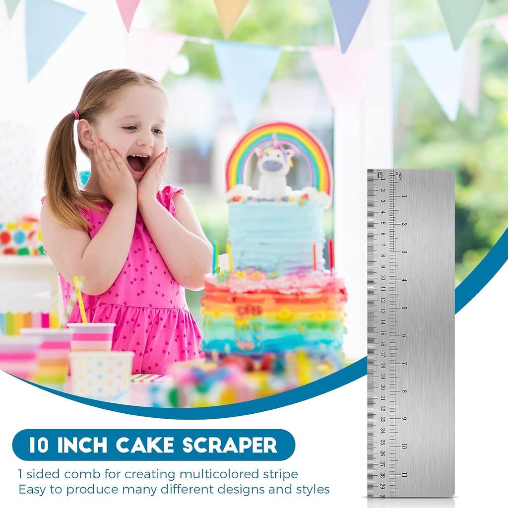 Nuenen 12 Inches Stainless Steel Cake Scraper with Scale Cake Edge Smoother Decorating Comb Baking Scraper Tool for Baking Measuring Buttercream Home
