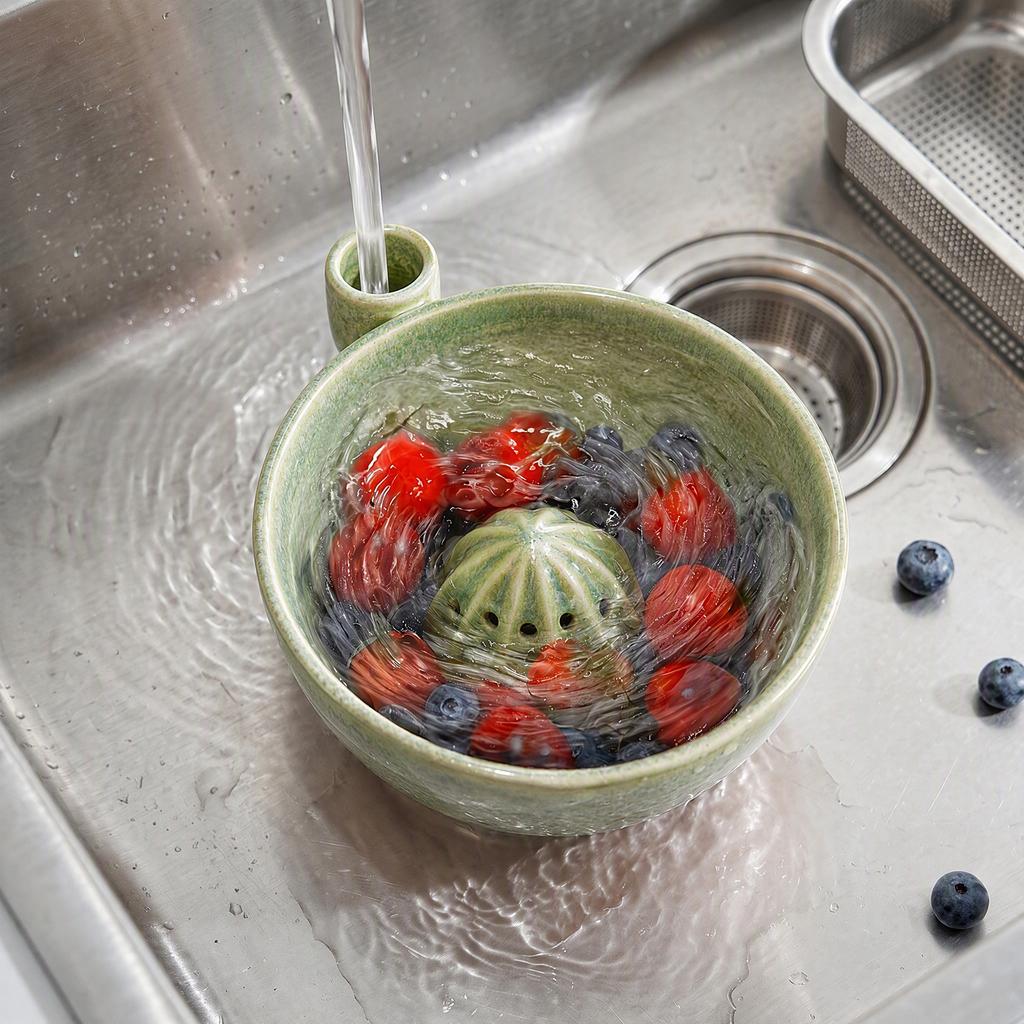 5-Piece Ceramic Berry Washing Bowl with Built-In Spinner Strainer Fruit Vegetable Kitchen Prep