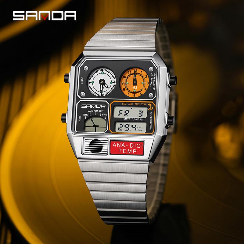 Relógio Masculino Digital LED SANDA 3192 Mostrador Quadrado Duplo Display Multifuncional Medição de Temperatura Esportivo Masculino de Pulso Presente