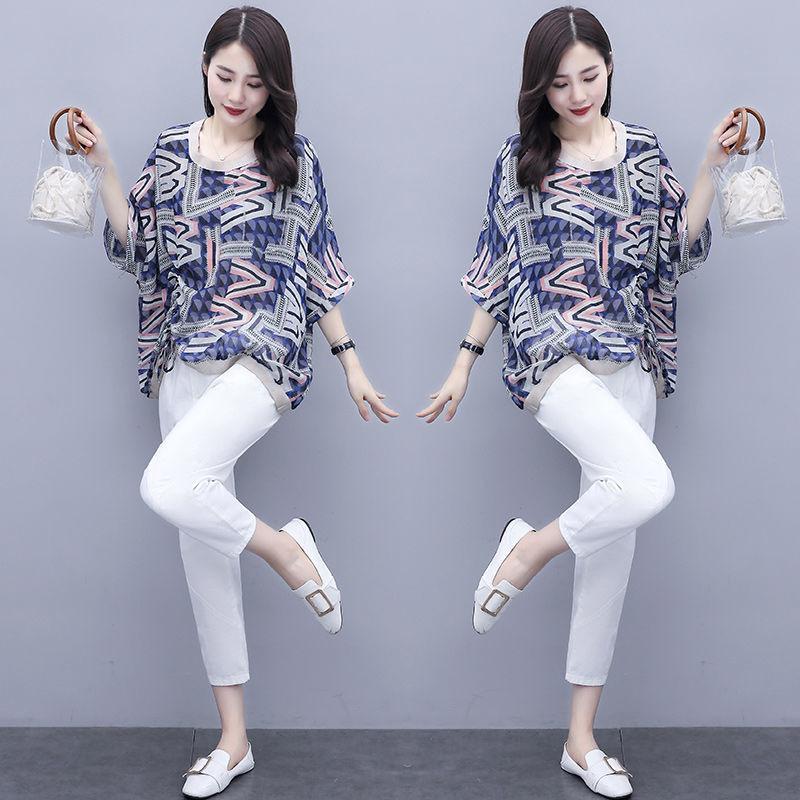 2025 Damen Übergröße Lässig Stilvoll Zweiteilig: Fünf-Ärmel Print T-Shirt & Neun-Punkte-Hose Set