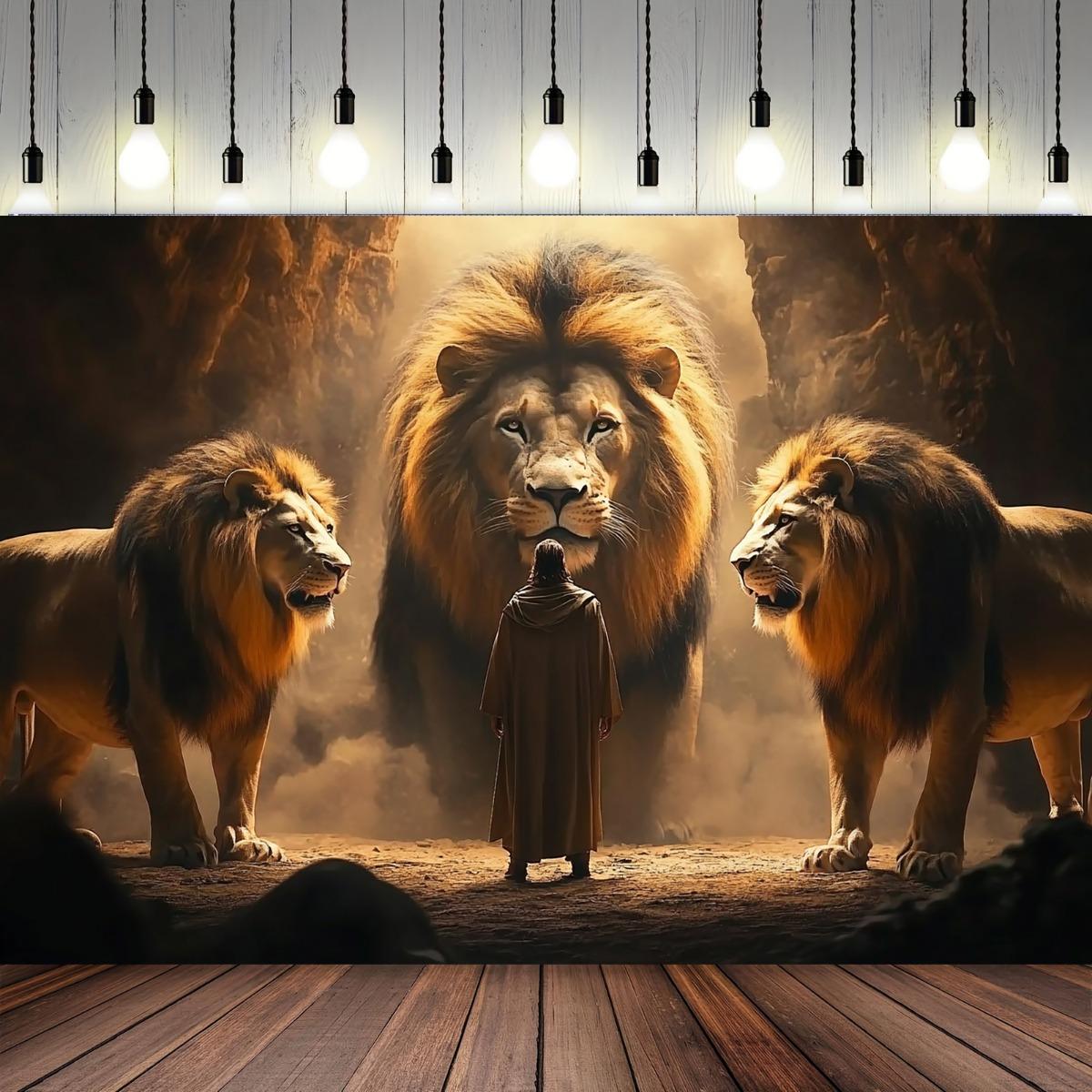 2D flat design 1 piece Daniel in the Lion s Den - a Christian-themed fabric for decorating the living room 100x150cm