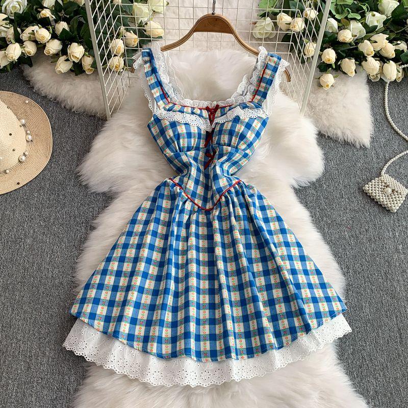 

Французский стиль Кружевная отделка Квадратный вырез Цельное платье Женская одежда Летнее Милое Синее в клетку Приталенное Талия Темперамент Стройнящее Миди платье Blue One size