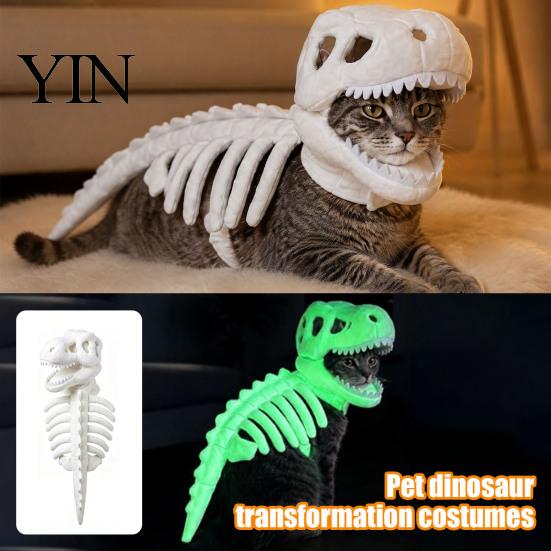 Abbigliamento per Animali Domestici di Halloween Costume Scheletro di Dinosauro, Abbigliamento 3D Luminescente al Buio, Morbido Cappello di Peluche Vestito Dino per Cani Gatti, Costume Cosplay per Feste di Vacanza