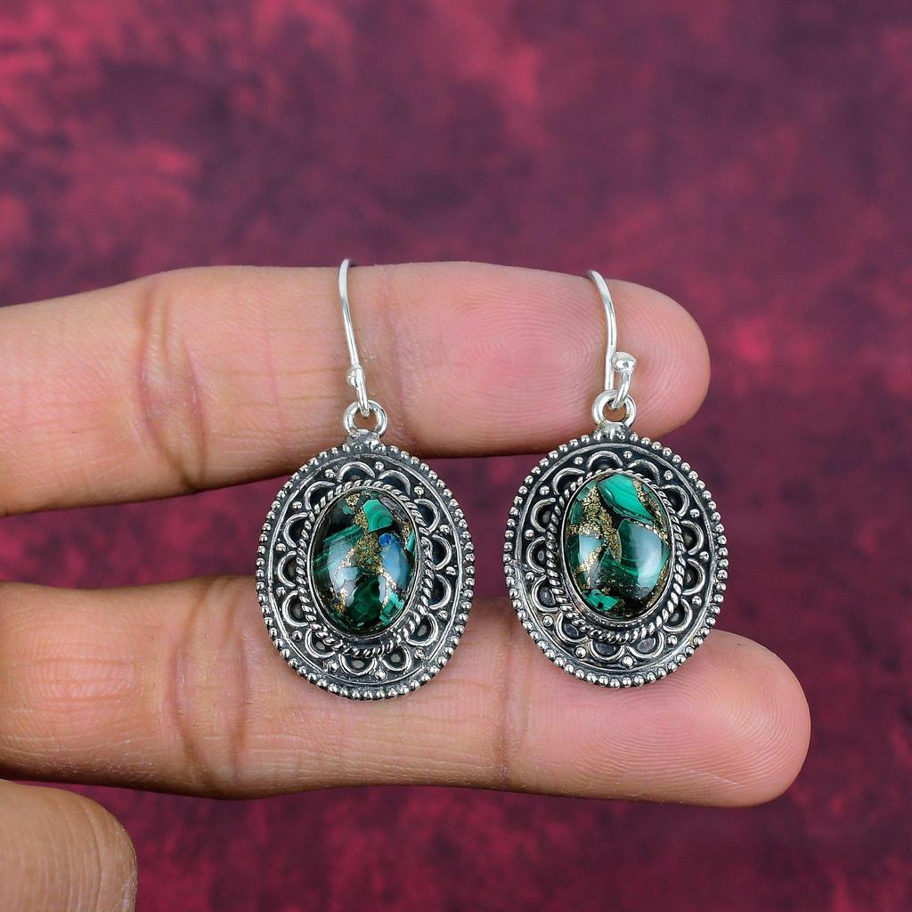Copper Malachite 925 Solid Sterling Silver Earrings, Handmade Gemstone Earrings Jewelry, Gifts For Wife Brand New Earrings