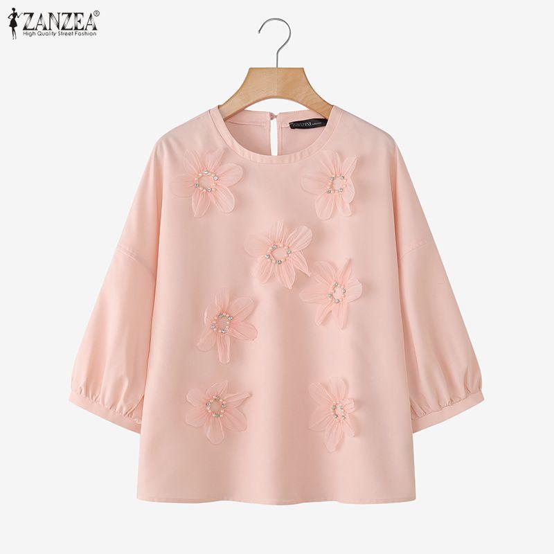 ZANZEA Lässige Bluse mit Rundhalsausschnitt und 3/4-Ärmeln für Damen