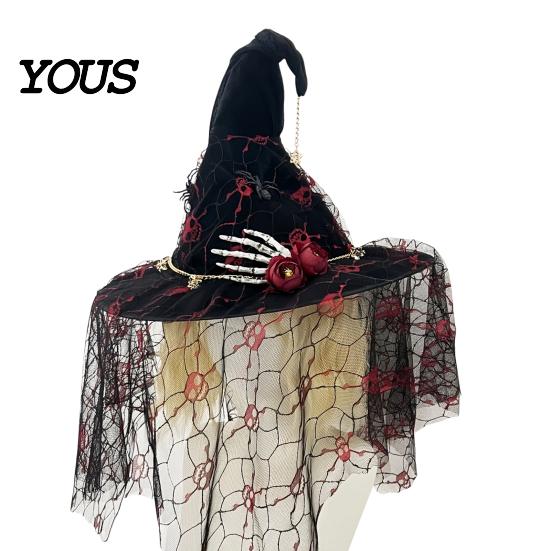 Decorative Seasonal Accessories Punk Skeleton Hand Witch Hat with Spider And Veil, Black Large Reusable Holiday Ornaments Wizard Costume Accessory for