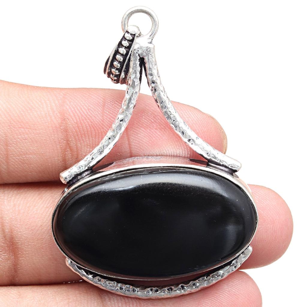 Black Spinal Gemstone Handmade Women's Unisex Silver Jewelry Pendant 2.5