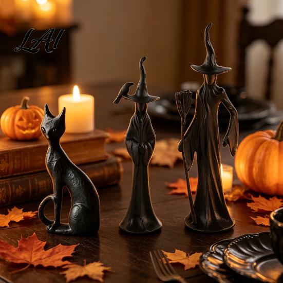 Black Cat Statue Abstract Witch Figurine Resin Statue Gothic Heavy Duty Crafts Ornament Halloween Tabletop Decor for Home Mantel Office Desk Retro