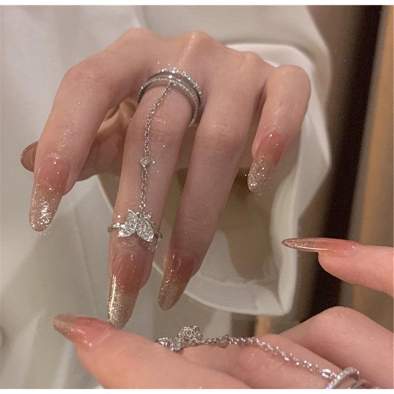Butterfly Rhinestone Double-Finger Tassel Ring - Women's Unique Chain Design