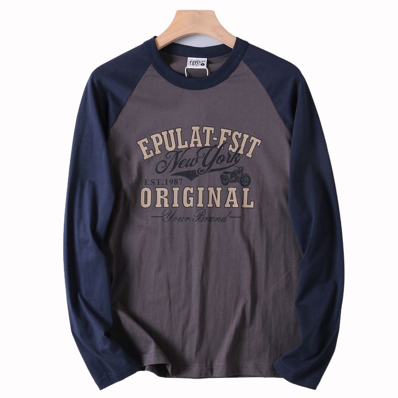 American Retro Contrast Color Motorcycle Print Long Sleeves T-shirt Export Export Men s Cotton Brushed Raglan Sleeve Bottoming Shirt Iron Gray/Sapphire Blue L