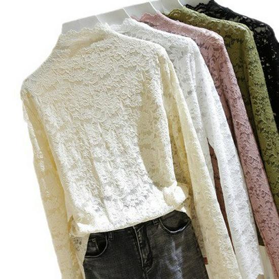 Women's Black Lace High-Neck Slimming Top: New Autumn/Winter Long Sleeve Mesh Design