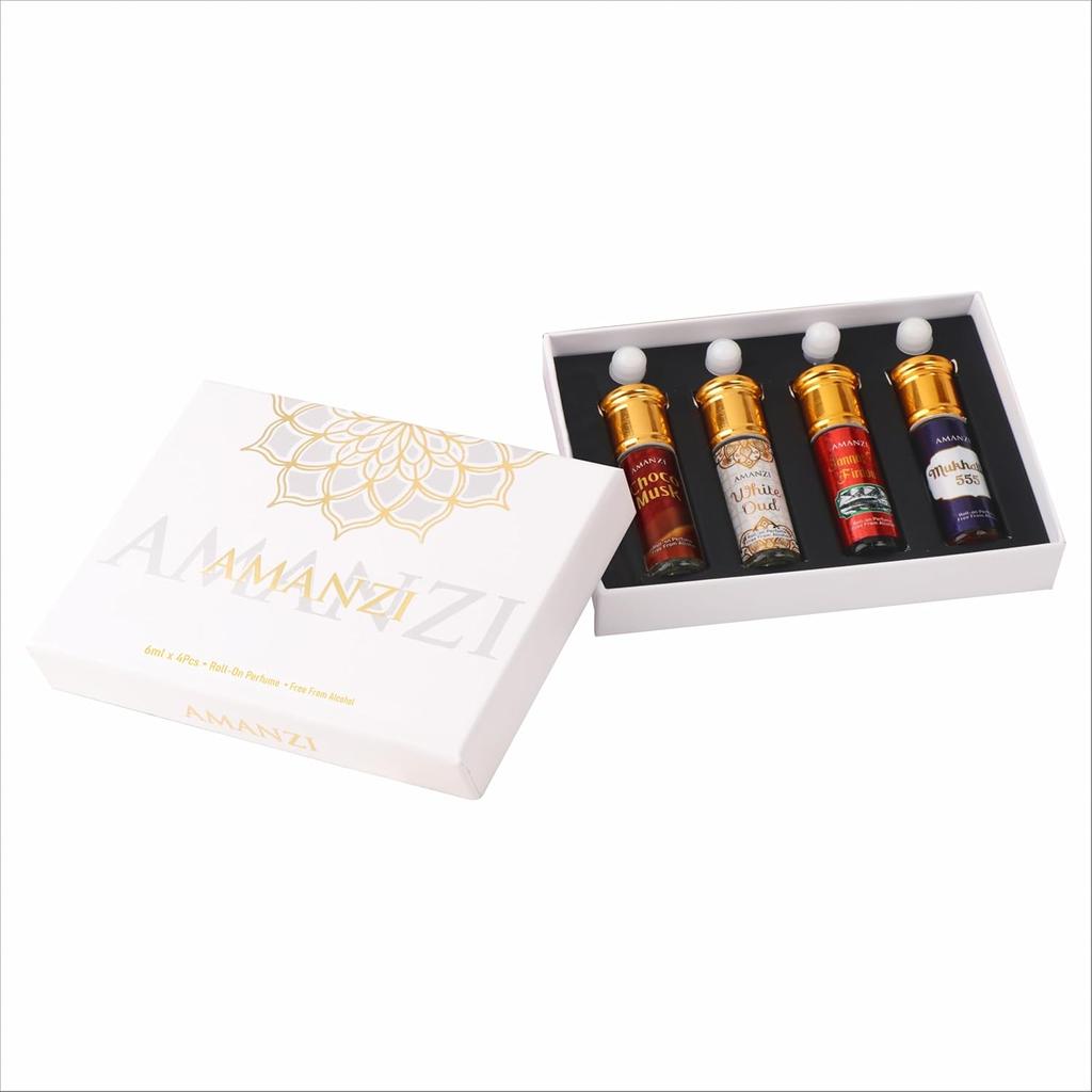 Non-Alcoholic Roll-On Attar Perfume Collection for Men & Women, Special Occasions - Choco Musk, White Oud, Jannat Ul Firdaus, Mukhallat