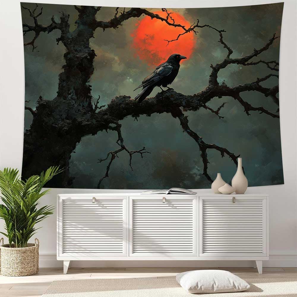 Mysterious Crow Tapestry, Black Raven on Gnarled Tree with Blood Moon Design, Bohemian Wall Art for Gothic Spaces