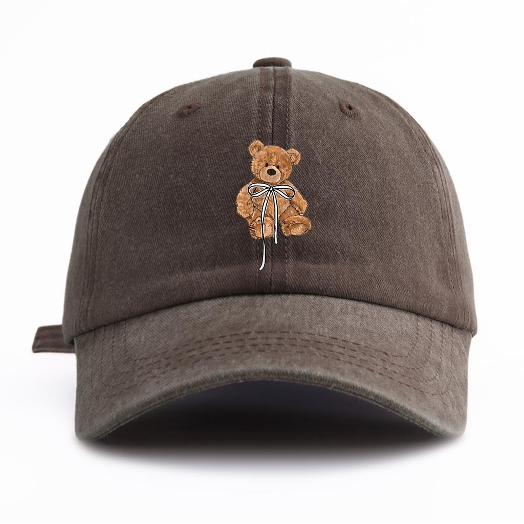 1pc Bow Bear Print Washed Baseball Cap for Adults  Minimalist Retro Style Casual Soft Adjustable Dad Hat Perfect As Gift