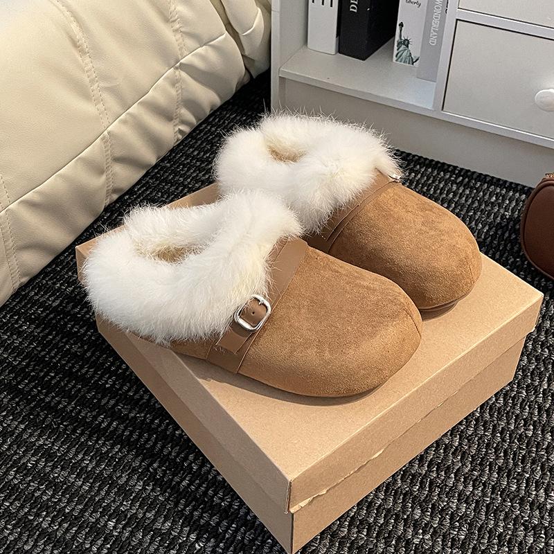 Buckle loose fluffy flanged platform slippers women's 2025 winter retro versatile simple outer wear Doudou shoes cotton shoes