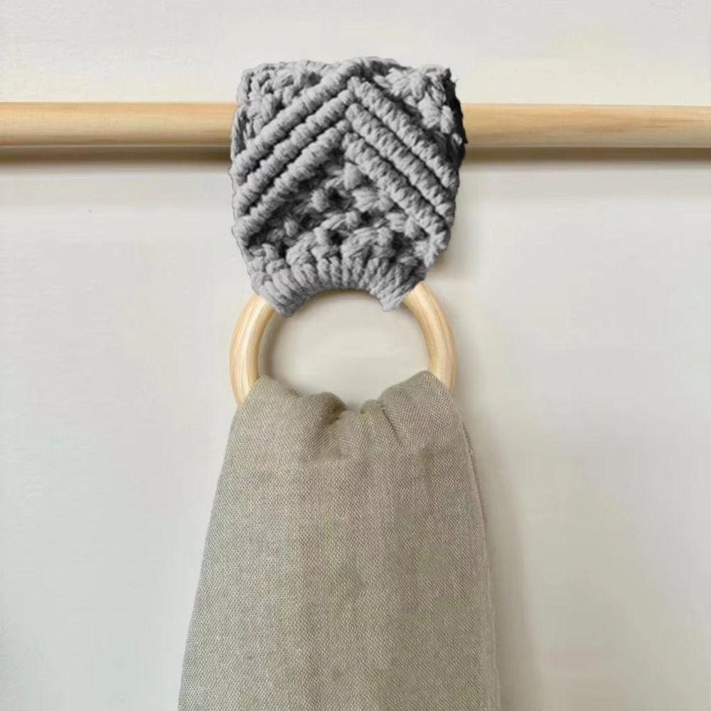 Wooden Loop Crochet Towel Ring Hand-woven Towel Storage Rack Portable Dish Towel Holder Bathroom
