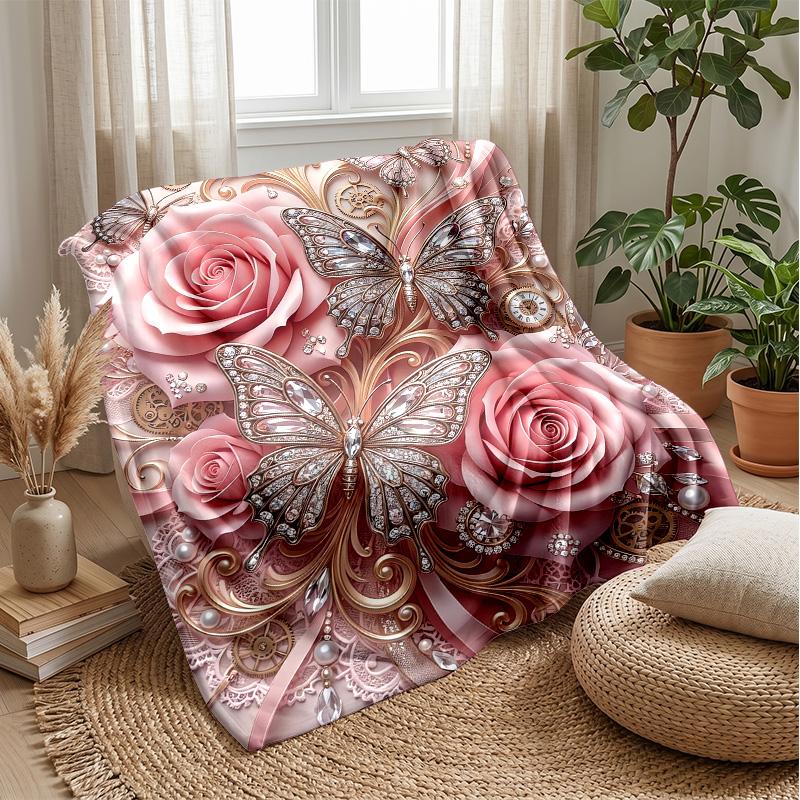 Elegant Rose Butterfly Marble Theme Blanket Lightweight Warm Flannel Blanket Decorative Throw Blanket for Home Decoration
