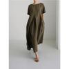 2026 Summer Large Loose Cotton and Hemp Casual Dress Elegant New Round Neck Short Sleeve A-line Dress Female Fashion Solid Color Simple Clothing