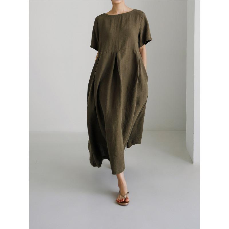2026 Summer Large Loose Cotton and Hemp Casual Dress Elegant New Round Neck Short Sleeve A-line Dress Female Fashion Solid Color Simple Clothing