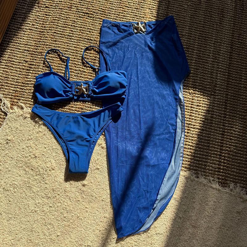 

Женский купальник из 3 частей, металлический купальник бикини со звездой, юбка из пряжи с высокой талией, накидки, купальник на подтяжках с открытой спиной, лето, новинка L синий