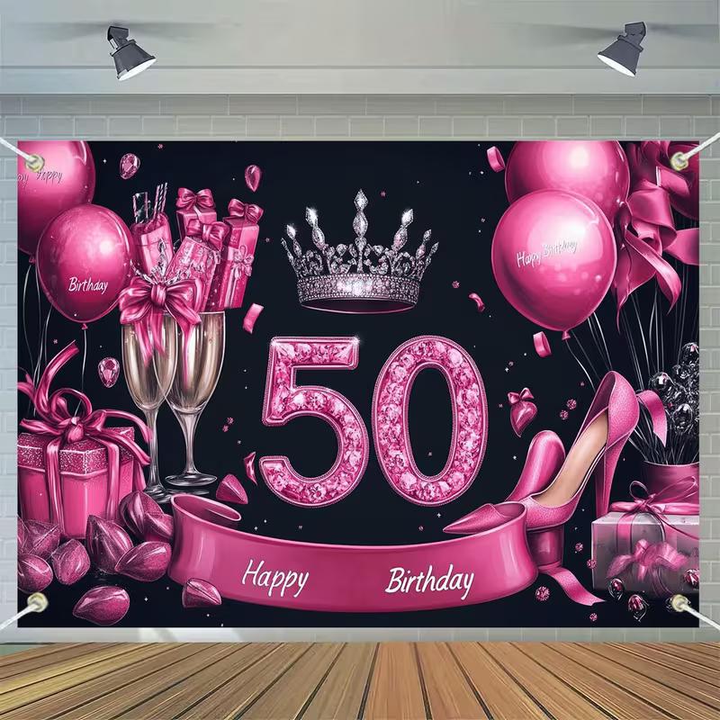 2D Glam Black Pink 50th Happy Birthday Photography Backdrop with Heels & Gifts