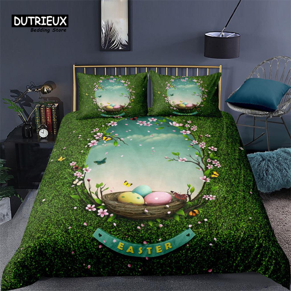 Soft Easter Eggs Bedding Set 3D Print Rabbit Cartoon Eggs Duvet Cover Polyester Pillowcase Greetings and Presents For Easter Day