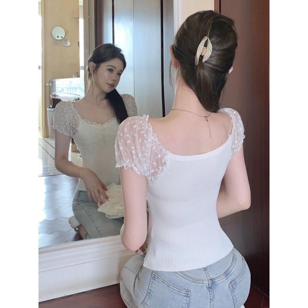 Summer Off Shoulder Pearl Button Knit Sweater for Hot Girls Sexy Short Cut Top with Lace Patchwork Slim Fit Short Sleeved for Ou