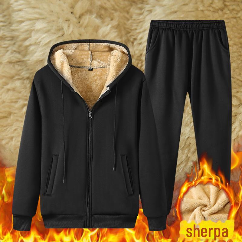 Tuta Sportiva Invernale da Uomo Taglie Forti in Pelle d'Agnello con Felpa con Cappuccio Foderata in Velluto e Pantaloni Casual