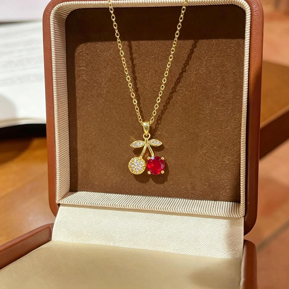 Chic Cherry Red Zircon Clavicle Necklace - Elegant Titanium Steel Jewelry for Women