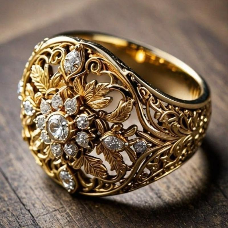 Delicate Gorgeous Dazzle Synthetic Zirconia Hollow Floral Ring for Women Luxury Elegant Banquet Celebration Jewelry Accessories