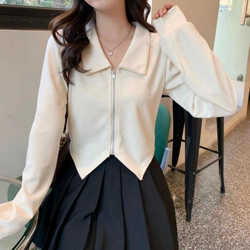 

Укороченные топы футболки женская одежда весна осень простые повседневные с длинным рукавом Harajuku молния классические винтажные повседневные мягкие внутренние женские L абрикосовый