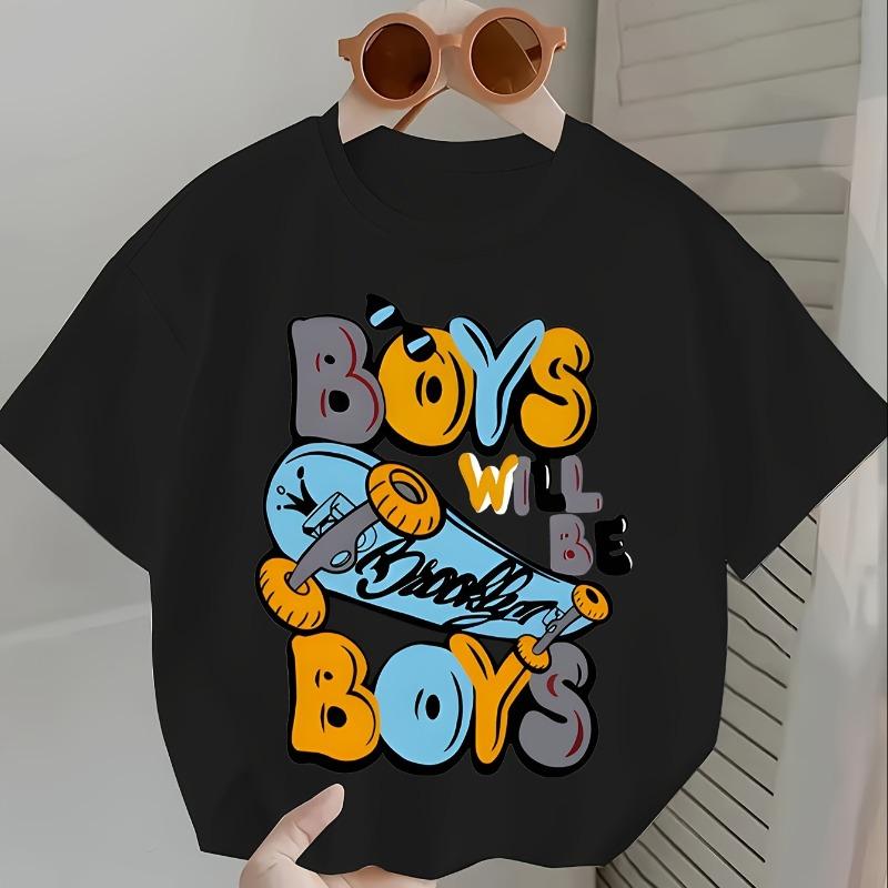 Kids Summer Crew Neck Short Sleeve T-Shirt with Skateboard & BOYS Letter Print