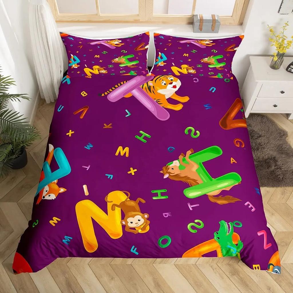 Comforter Cute Cartoon Animals Twin For Kids Boys English Alphabet Bedding Set Cute Monkey Colored Letters Comforter