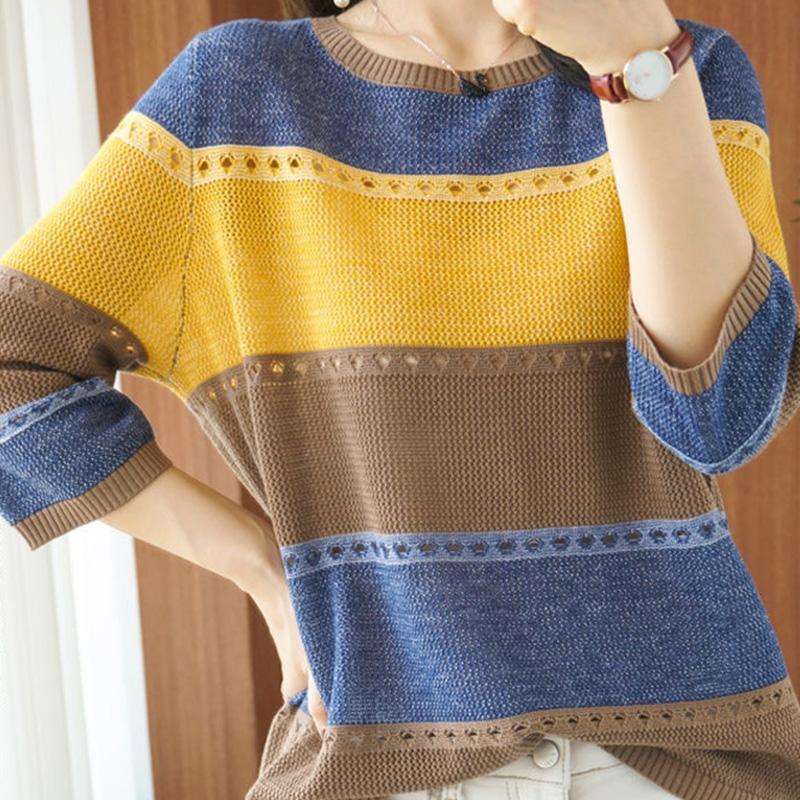 

Женские весенние тонкие вязаные средние рукава с круглым вырезом и свободными полосатыми вырезами L