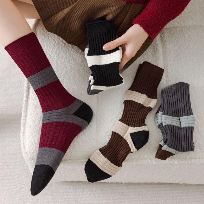 Lantern Socks, Women's Color-blocking Mid-calf Socks, Slightly Pressed Striped Women's Socks, Cotton Long Calf Socks