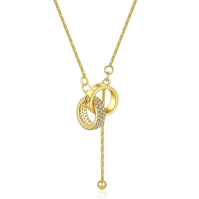 Elegant Gold And Silver Geometric Double Ring Necklace With Sparkling Rhinestones