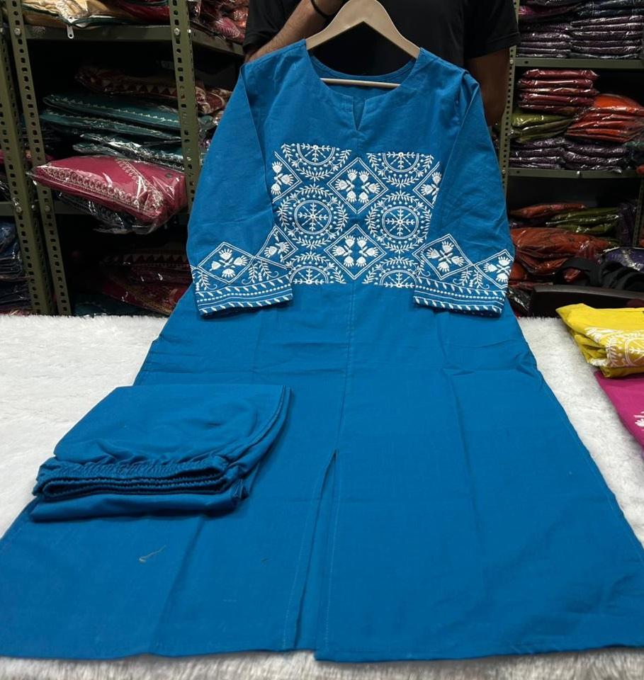 Women Designer Embroidered Kurta Pant Set Indian Bollywood Top Tunic Cotton Kurti Salwar Suit