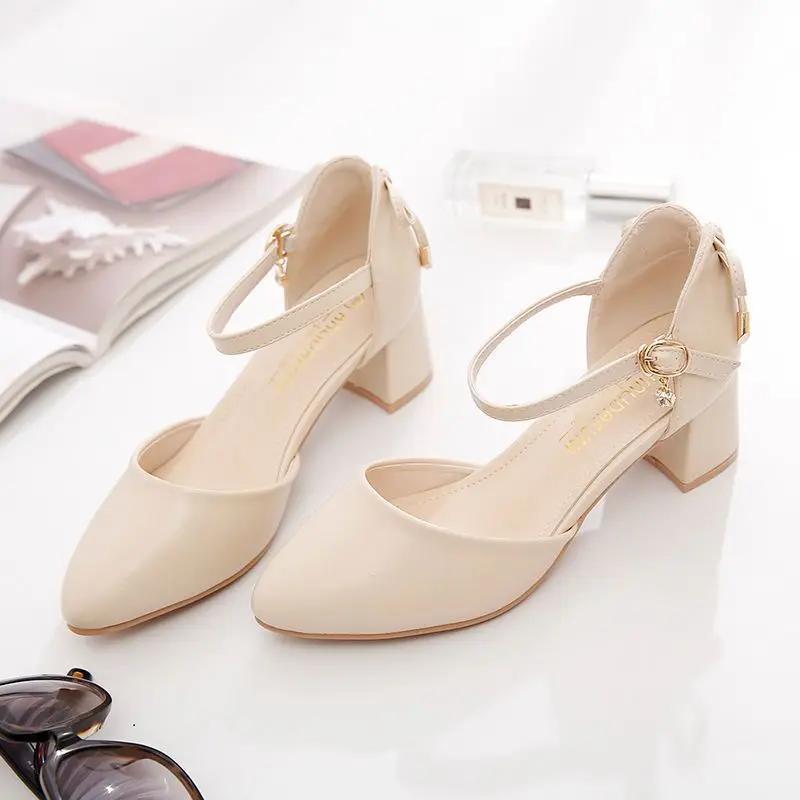 

2025 Pumps Women Bow Mid Heels Two-Piece Shoes Buckle Pointed Toe Footwear Ladies Summer Elegant Shoes Female Beige Apricot 41