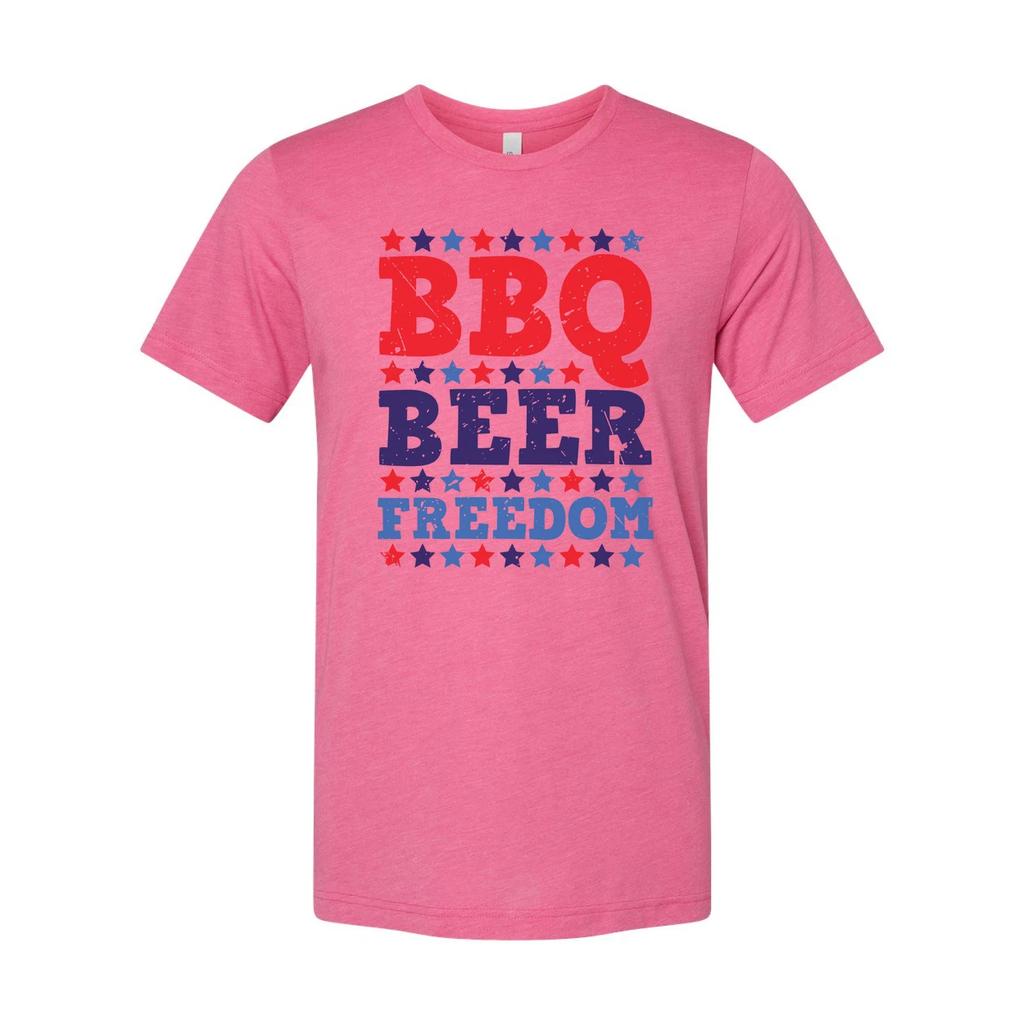 Patriotic BBQ Beer Freedom Graphic Tee for Unisex Adults with Red and Blue Star