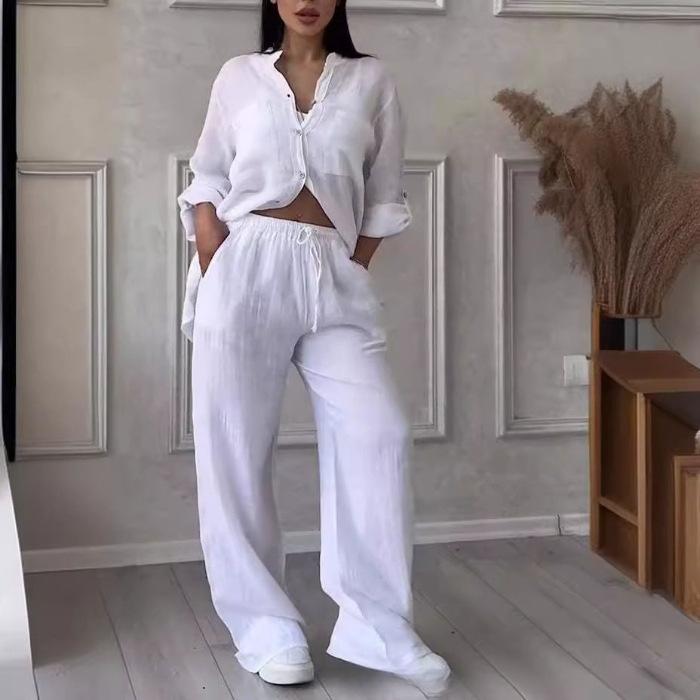 Women's Casual Two-piece Solid Color Cotton and Linen Shirt Wide-leg Pants Suit