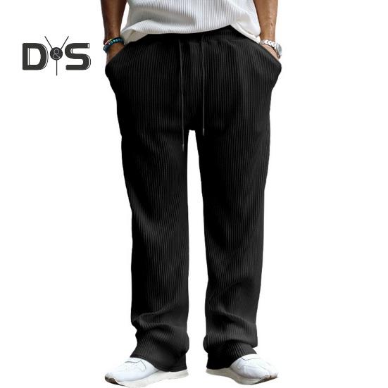 Men's Casual Wide-Leg Trousers Drawstring Waist Sweatpants with Side Pockets Straight Striped Loose Fit Trousers for Travel Outdoor Sports