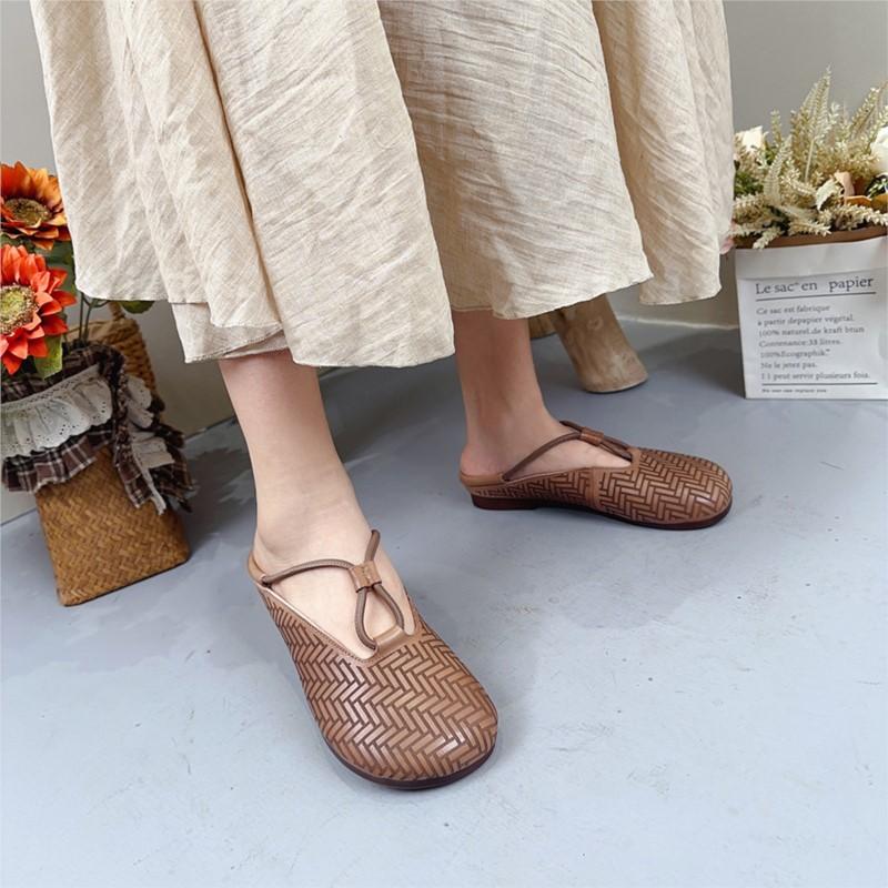 Johnature Genuine Leather Round Toe Slippers Women's Slip-on Shoes Casual Soft Sole Outside Slides