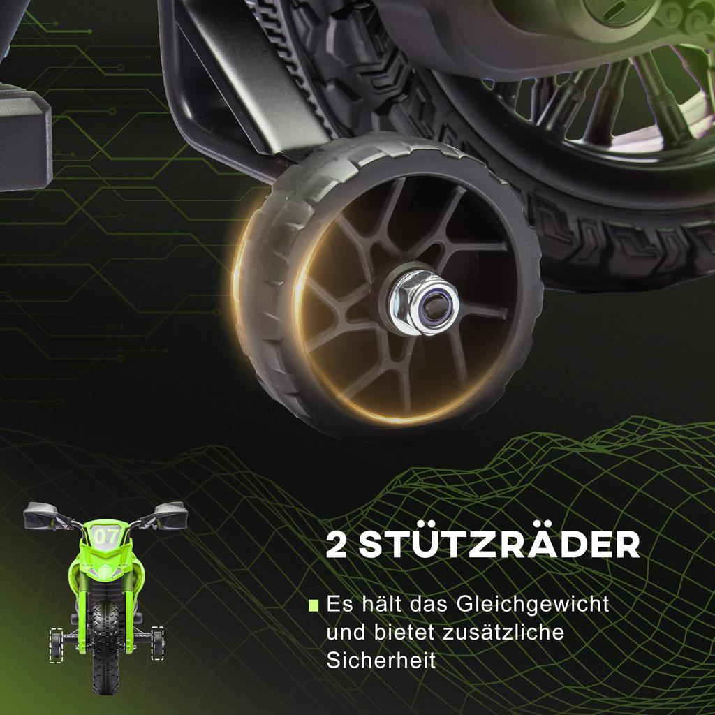 Motocicletta Elettrica per Bambini, Alimentata a Batteria 6V, Ruotine di Supporto, Clacson, Suono di Avviamento, 3-8 Anni, Verde