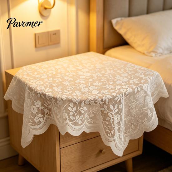 Machine Washable Tablecloth Floral Lace Tablecloth, Square White Doily, Vintage Scalloped Table Easy Clean Cloth Cover for Nightstand Coffee Tea Party